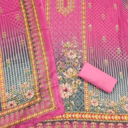 KALINI Pink France Silk Digital Print Mirror & Diamond Work Unstitched Dress Material-image-45