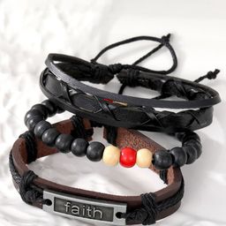 The Roadster Lifestyle Co. Men Set Of 4 Artificial Beaded Wraparound Leather Bracelets-picture-2