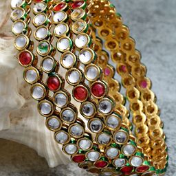 KARATCART Set of 4 Gold-Plated White & Red Kundan Studded Jadau Bangle-30