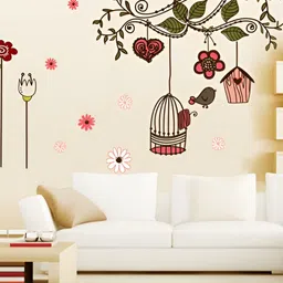 INDIAN ROYALS Green & Pink Flower Birds Cage Self Adhesive Waterproof Wall Stickers-image-90