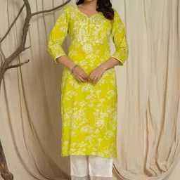 Samhitas Floral Embroidered Notch Neck Cotton Straight Kurta With Trousers-picture-55