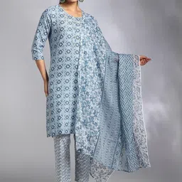 Paisley Printed Round Neck Pure Cotton Straight Kurta With Trousers & Dupatta-4