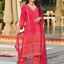 KALINI Bandhani Printed Mirror Work V Neck Straight Kurta With Trousers And Dupatta-17