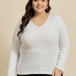 CURVY STREET Women Solid V-Neck Cotton Plus Size T-shirt-image-88