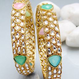 KARATCART Set Of 2 Gold-Plated Gold Kundan Studded Antique Bangle-74
