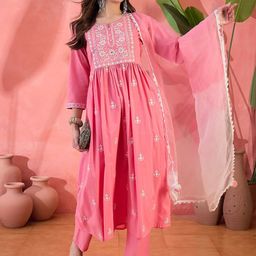 Sangria Peach Embroidered Notch Neck Pure Cotton Anarkali Kurta With Trouser & Dupatta-9