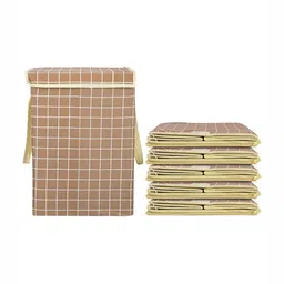 Aura 6Pcs White & Brown Checked Foldable Laundry Bags With Lid 75 L Each-1