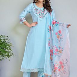 SZN Floral Embroidered Notch Neck Beads & Stones Straight Kurta With Trousers & Dupatta-image-77