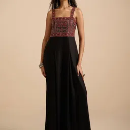 Global Desi Women Self Design Basic Jumpsuit With Embroidered-picture-3