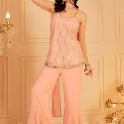 indo street Striped Shoulder Straps Sleeveless Sequined Kurti With Palazzos & Dupatta-image-37