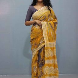JAIPURI BLOCK PRINT Tie and Dye Pure Cotton Ikat Saree-image-58