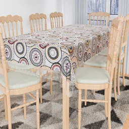 Kuber Industries White & Red Rangoli Printed 8 Seater Dining Table Cloth Cover-73