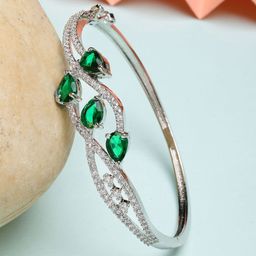 ZENEME Rhodium Plated Silver Toned American Diamond Studded Green Kada Grace Bracelet-7