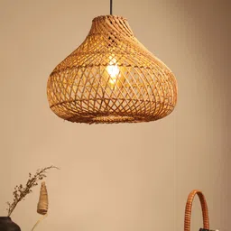 HABERE INDIA Brown Textured Rattan Ceiling Lamp-picture-46
