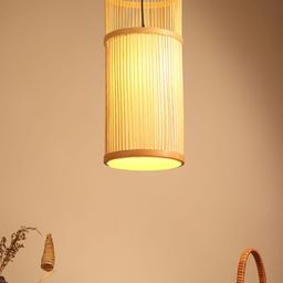 HABERE INDIA Beige Cylidrical Bamboo Hanging Pendant Ceiling Lamp-11