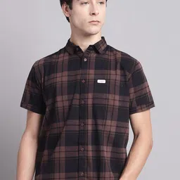 Majestic Man Brown Classic Slim Fit Tartan Checked Pure Cotton Casual Shirt-image-2