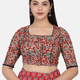 THE WEAVE TRAVELLER Women Red Hand Blocked Kalamkari Cotton Ready To Wear Blouse-picture-55