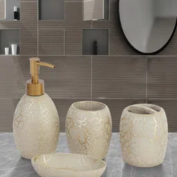 OBSESSIONS Set Of 4 Beige & Gold-Toned Printed Alvina Bathroom Accessories-50