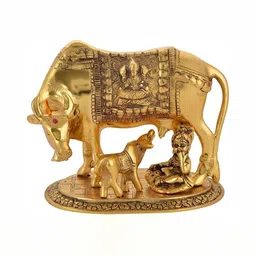 Navyaksh Gold Plated Kamdhenu Cow & Calf With Bal Gopal Krishna Metal Religious Showpiece-image-81