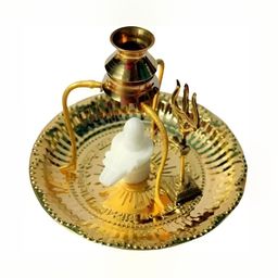 Navyaksh White & Gold-toned Marble Shivling Shiva Ling with Kalash Stand Showpiece-10