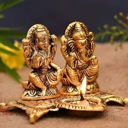 Navyaksh Gold-Tone Religious Laxmi Ganesh With Diya Statue Idol Murti Decorative Showpiece-54