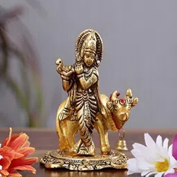 Navyaksh Gold Toned Krishna Ji with Kamdhenu Cow Idol Showpiece-image-81