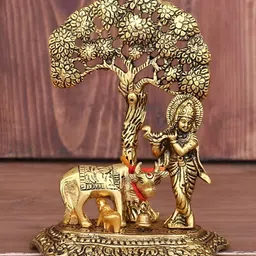Navyaksh Gold Toned Metal Krishna with Cow Standing Under Tree Showpiece-image-57