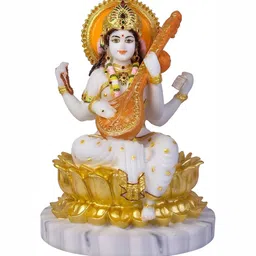 krishnagallery1 White & Gold Toned Marble Saraswati Mata Idol Showpiece-image-99
