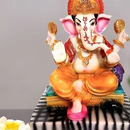krishnagallery1 Orange & White Lord Ganesha Idol Marble Showpiece-28