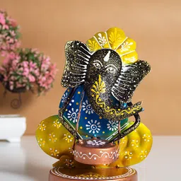 Golden Peacock Yellow & Blue Ganesha Figurine Showpiece-image-85
