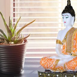 GW CREATIONS White & Orange Buddha Marble Idol Showpiece-image-99