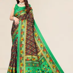 Winza Designer Brown & Green Bandhani Zari Silk Cotton Mysore Silk Saree-image-1