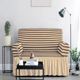 Cortina Cream Coloured & Brown Striped 3 Seater Sofa Cover With Skirt-20