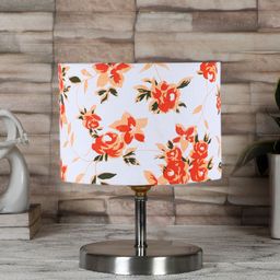 Devansh White & Orange-Colored Steel Table Lamp With Floral Printed Cotton Shade-45