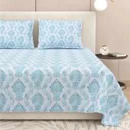 DREAM WEAVERZ Turquoise Blue & White Ethnic Motifs 220 TC King Bedsheet with 2 Pillow Covers-image-93