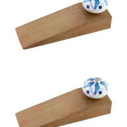 Indianshelf Brown & Turquoise Blue 2 Pieces Floral Wooden Door Stoppers-53