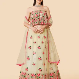 Fusionic Off White & Pink Embroidered Thread Work Semi-Stitched Lehenga & Unstitched Blouse With Dupatta-picture-2