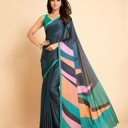 Sangria Blue & Green Printed Satin Saree-image-70