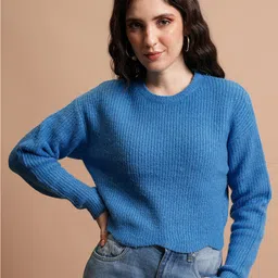 Tokyo Talkies Blue Self Design Round Neck Pullover Sweater-picture-10