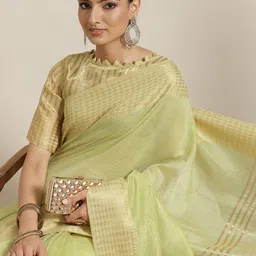 Mitera Green & Golden Self Striped Zari Saree-image-42