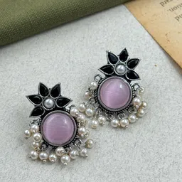 NAMAN ARTS Silver-Plated Artificial Stones Studded Circular Studs Earrings-1