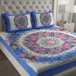 Aura Blue & Pink Floral Pure Cotton 120 TC Queen Bedsheet Set2.35 x 2.15 Mts-image-10