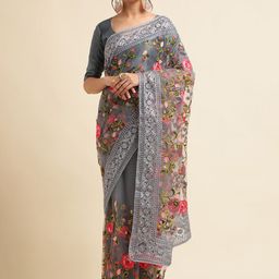 ALAGINI Floral Embroidered Net Taant Saree-image-7