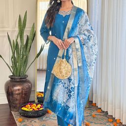 Lilots Women Ethnic Motifs Embroidered Regular Sequinned Pure Silk Kurta Set With Dupatta-14