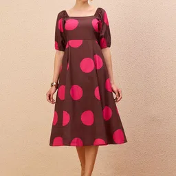 Antheaa Women Polka Dot Printed Puff Sleeve Fit & Flare Dress-image-75
