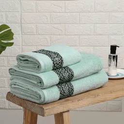 SPACES Aurum Green 3 Pieces Geometric  Self Design Pure Cotton 500 GSM Towel Set-32