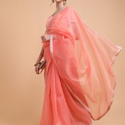 Sangria Women Peach-Coloured & Silver Sequinned Organza Saree-image-68