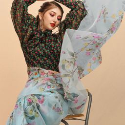 Sangria Sea Green & Pink Floral Organza Saree-picture-49