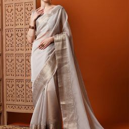 Anouk Grey & Gold-Toned Woven Design Zari Organza Saree-picture-13