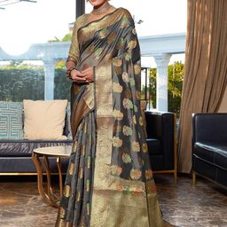 Mitera Grey & Red Floral Woven Design Zari Organza Saree-image-89